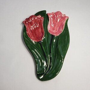 Vintage MCM Holland Mold Ceramic Spoon Rest Tulips Pink Flowers Art Pottery